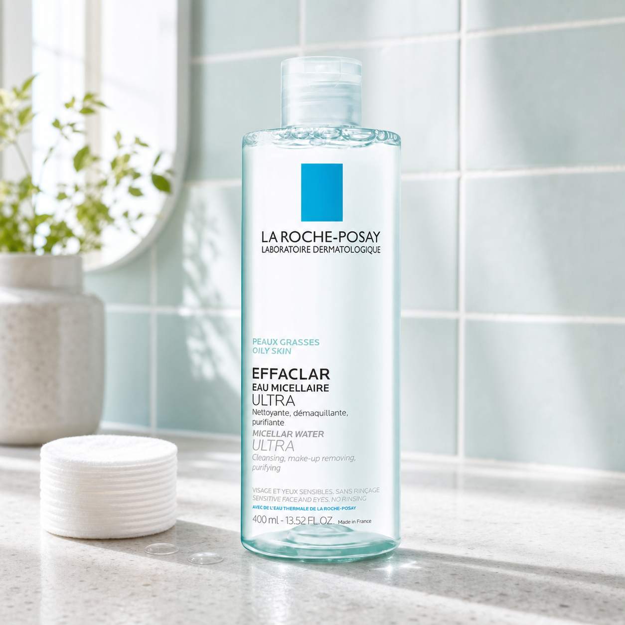 La Roche-Posay Effaclar Micellar Water Ultra 400ml on a bathroom vanity