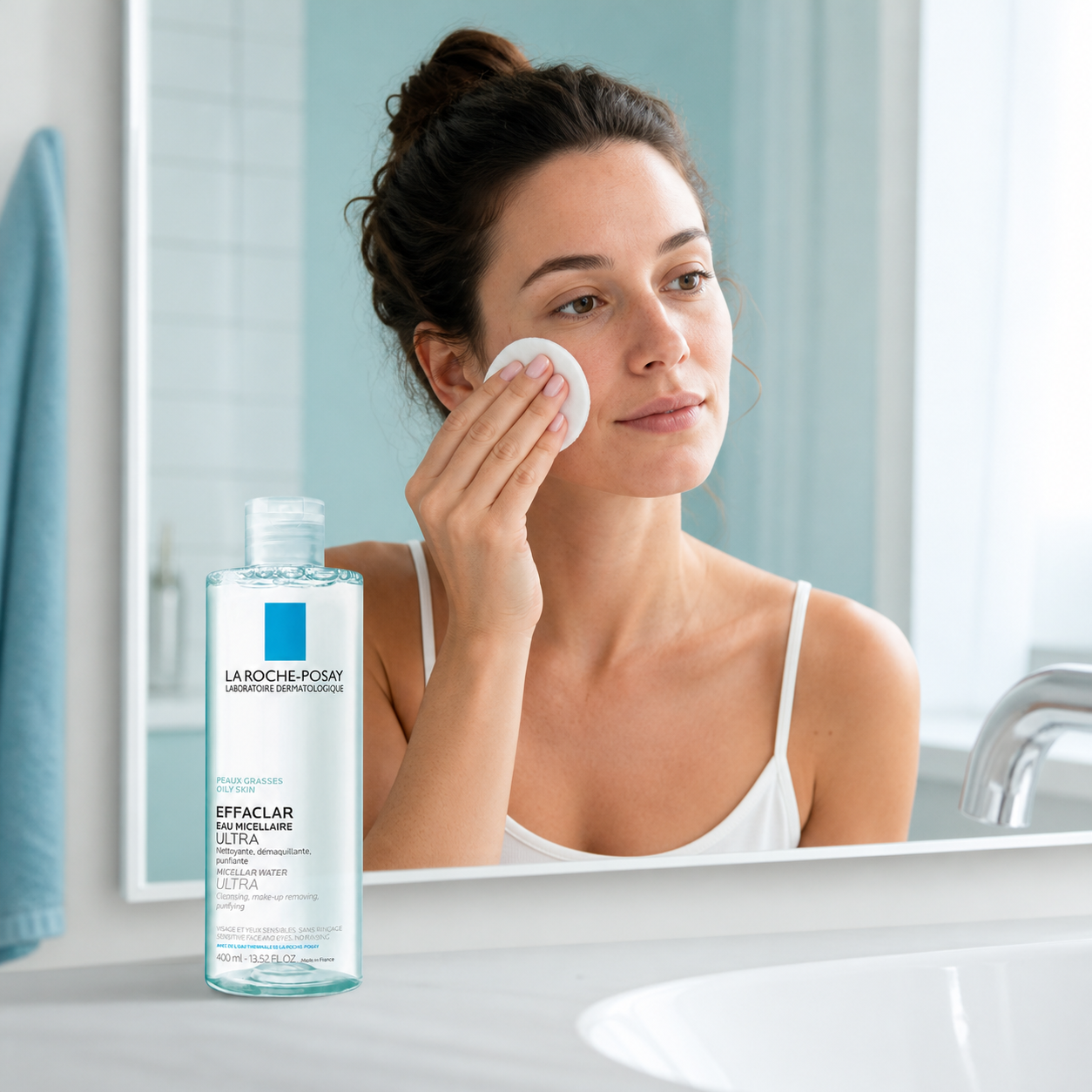 Model cleansing her cheek with La Roche-Posay Effaclar Micellar Water Ultra for oily skin