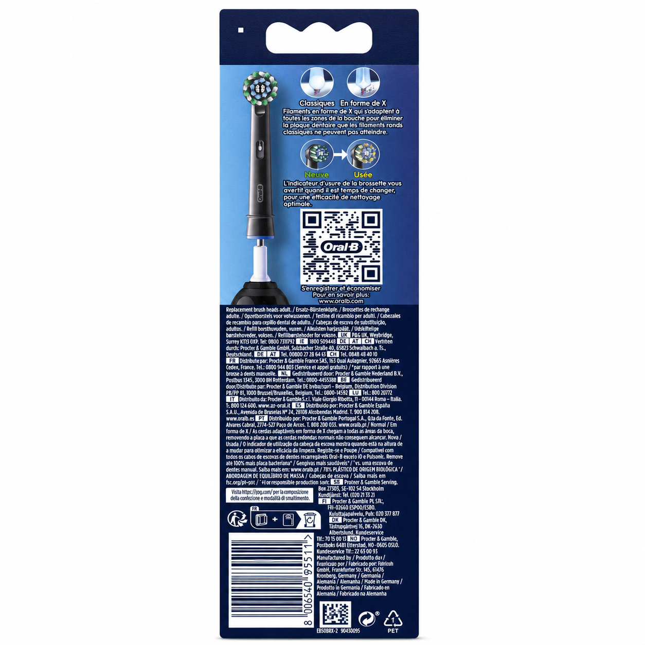 Back of Oral-B Cross Action PRO Black replacement brush heads 2-pack packaging