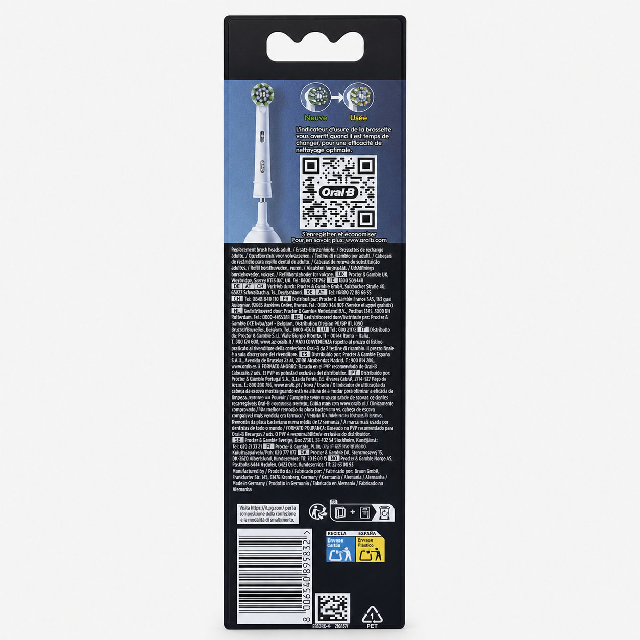 Back of Oral-B Cross Action PRO White replacement brush heads 4-pack packaging with barcode 8006540895832