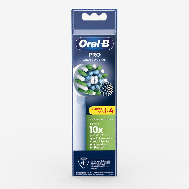 Front of Oral-B Cross Action PRO White replacement brush heads 4-pack packaging