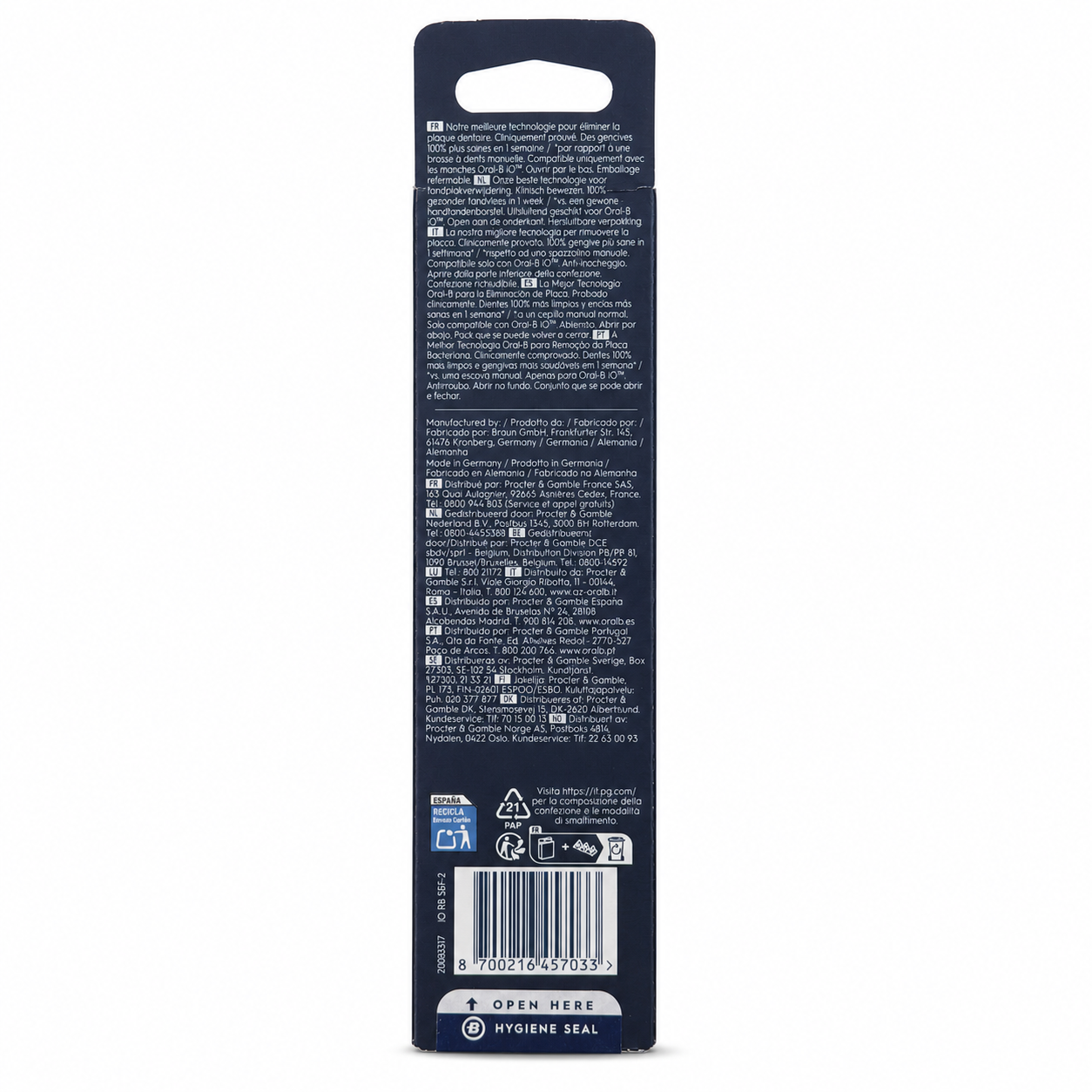 Oral-B iO Gentle Care Black replacement brush heads 2 pack rear packaging with barcode 8700216457033