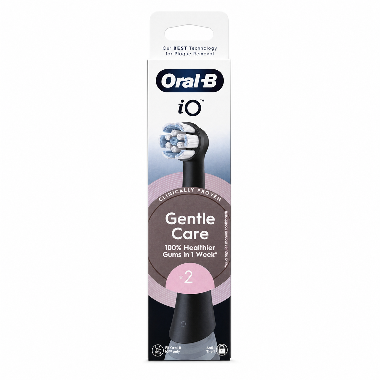 Oral-B iO Gentle Care Black replacement brush heads 2 pack front packaging