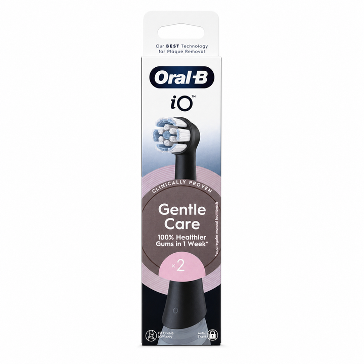 Oral-B iO Gentle Care Black replacement brush heads 2 pack front packaging