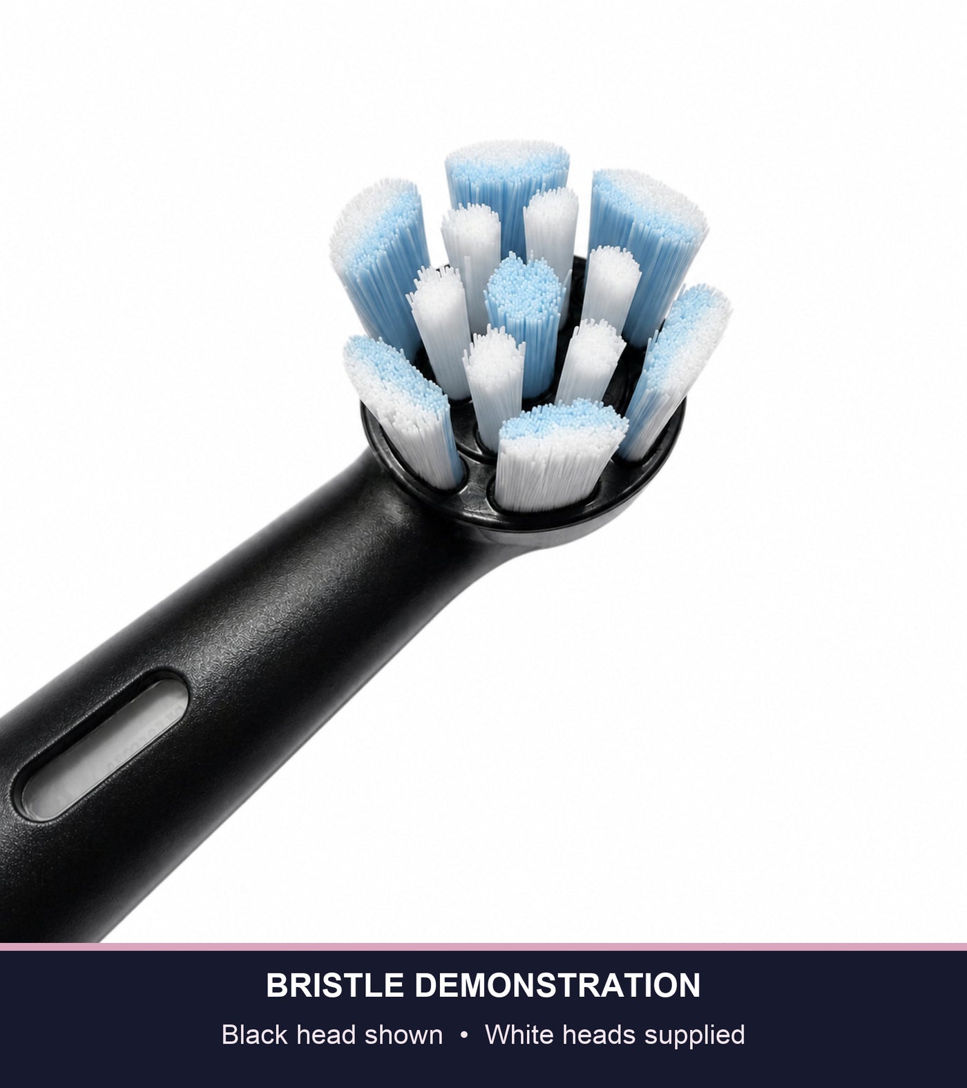 Black Oral-B iO Gentle Care head demonstrating the bristle design; white heads supplied