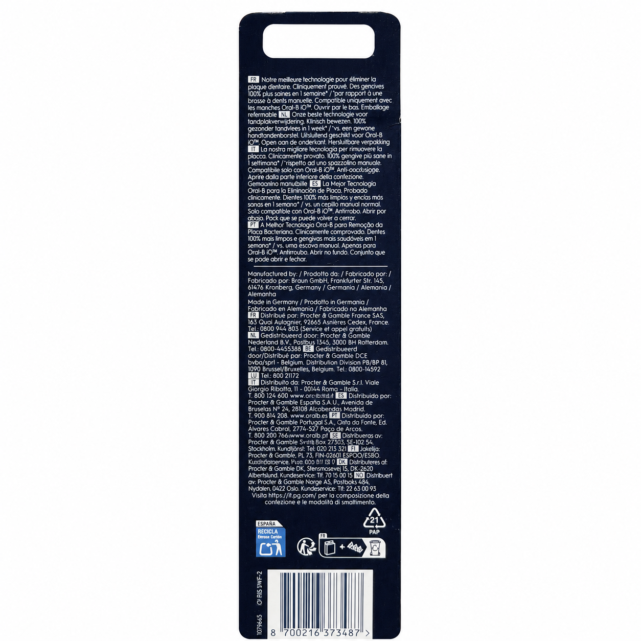 Oral-B iO Gentle Care white replacement brush heads 2 pack back with barcode 8700216373487