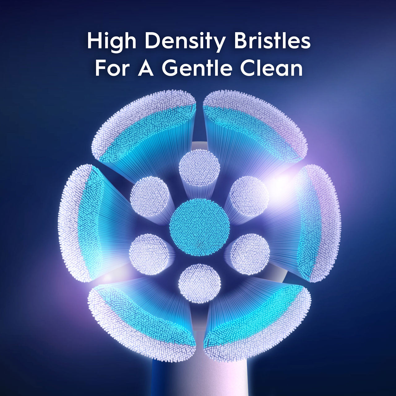 Oral-B iO Gentle Care high-density bristle design shown on a white demonstration head; black heads supplied