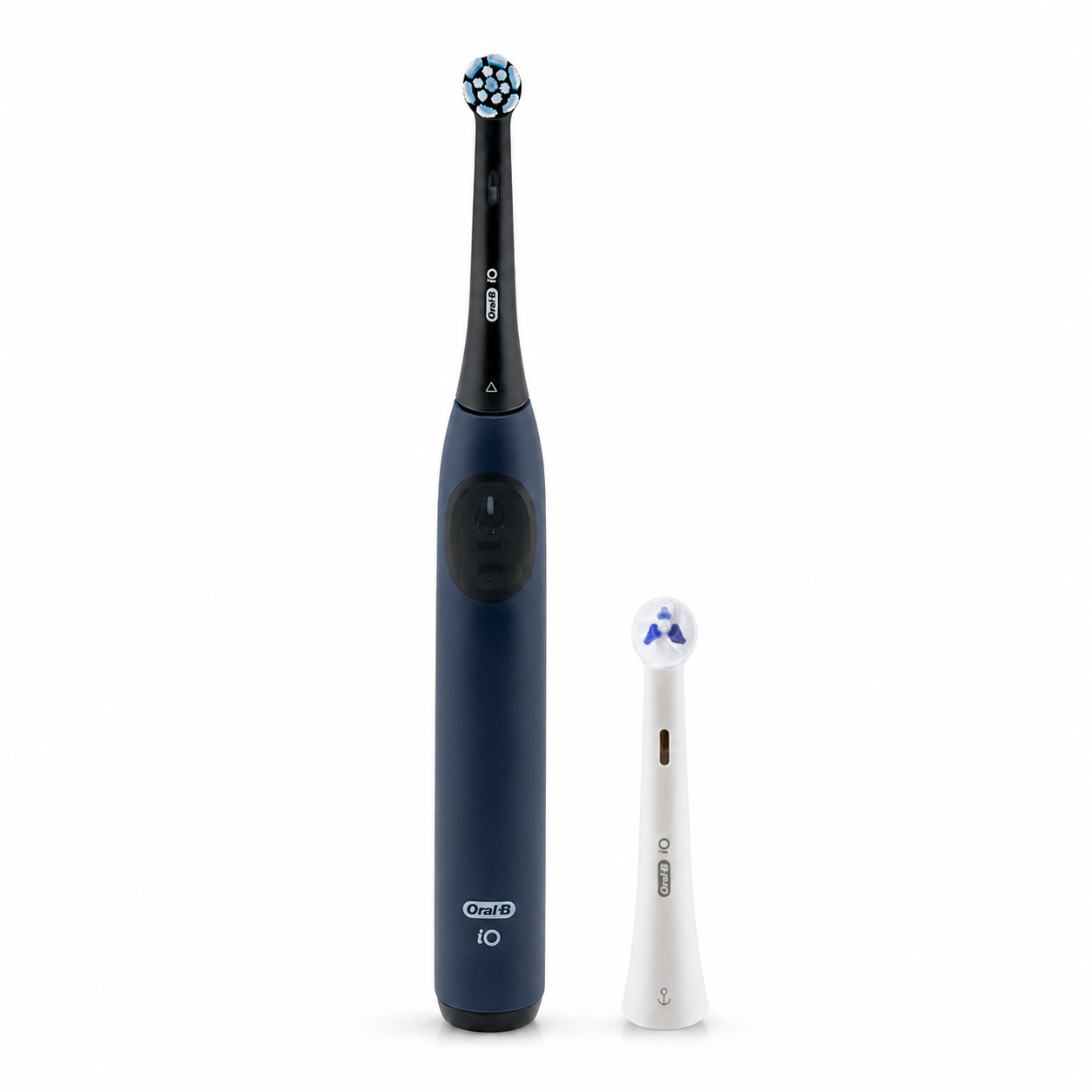 Oral-B iO Laboratory 2 electric toothbrush in Navy Blue with regular round brush head and extra Targeted Clean/Ortho head on a white background