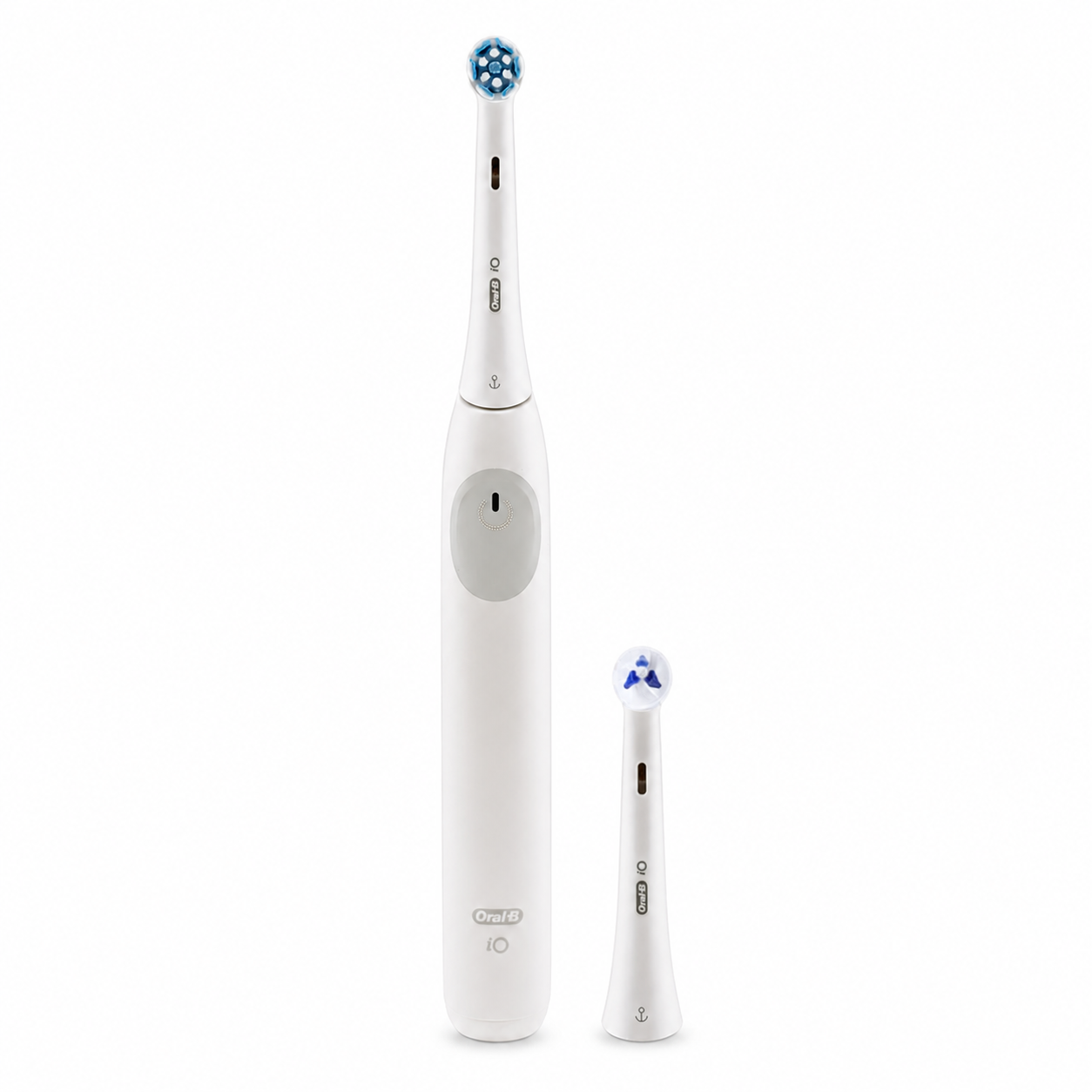 Oral-B iO Laboratory 2 electric toothbrush in White with regular round brush head and extra Targeted Clean/Ortho head on a white background
