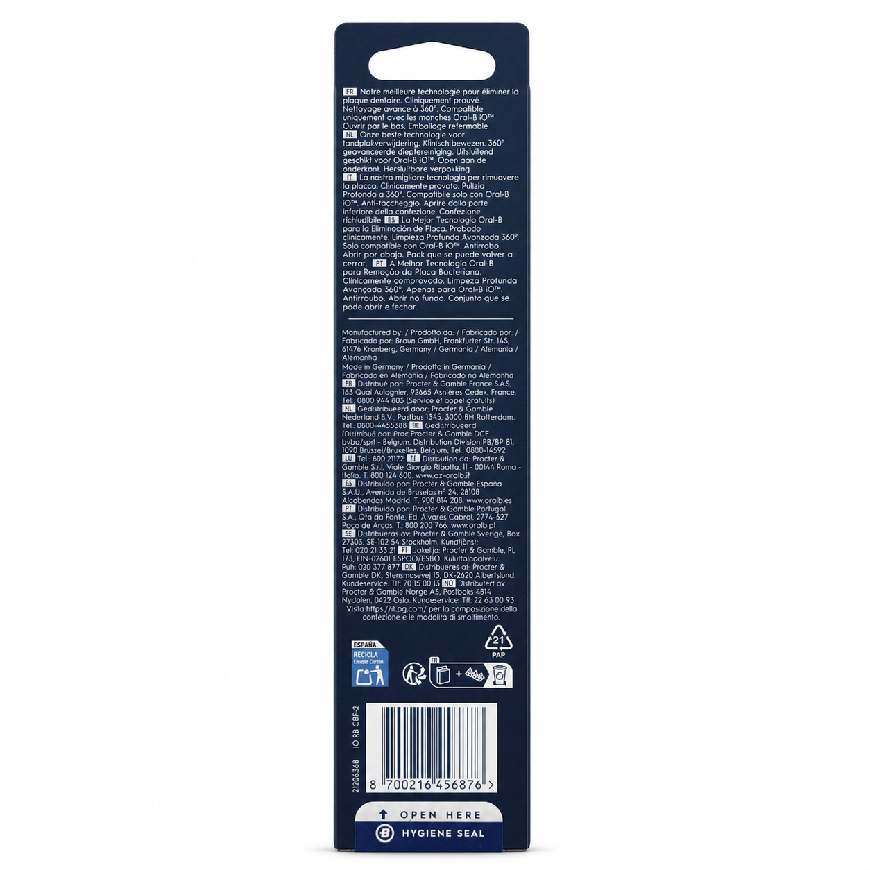 Oral-B iO Ultimate Clean Black replacement brush heads 2 pack rear packaging with barcode 8700216456876