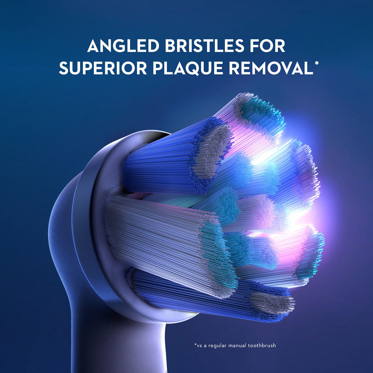 Oral-B iO Ultimate Clean angled bristle design shown on a white demonstration head; black heads supplied