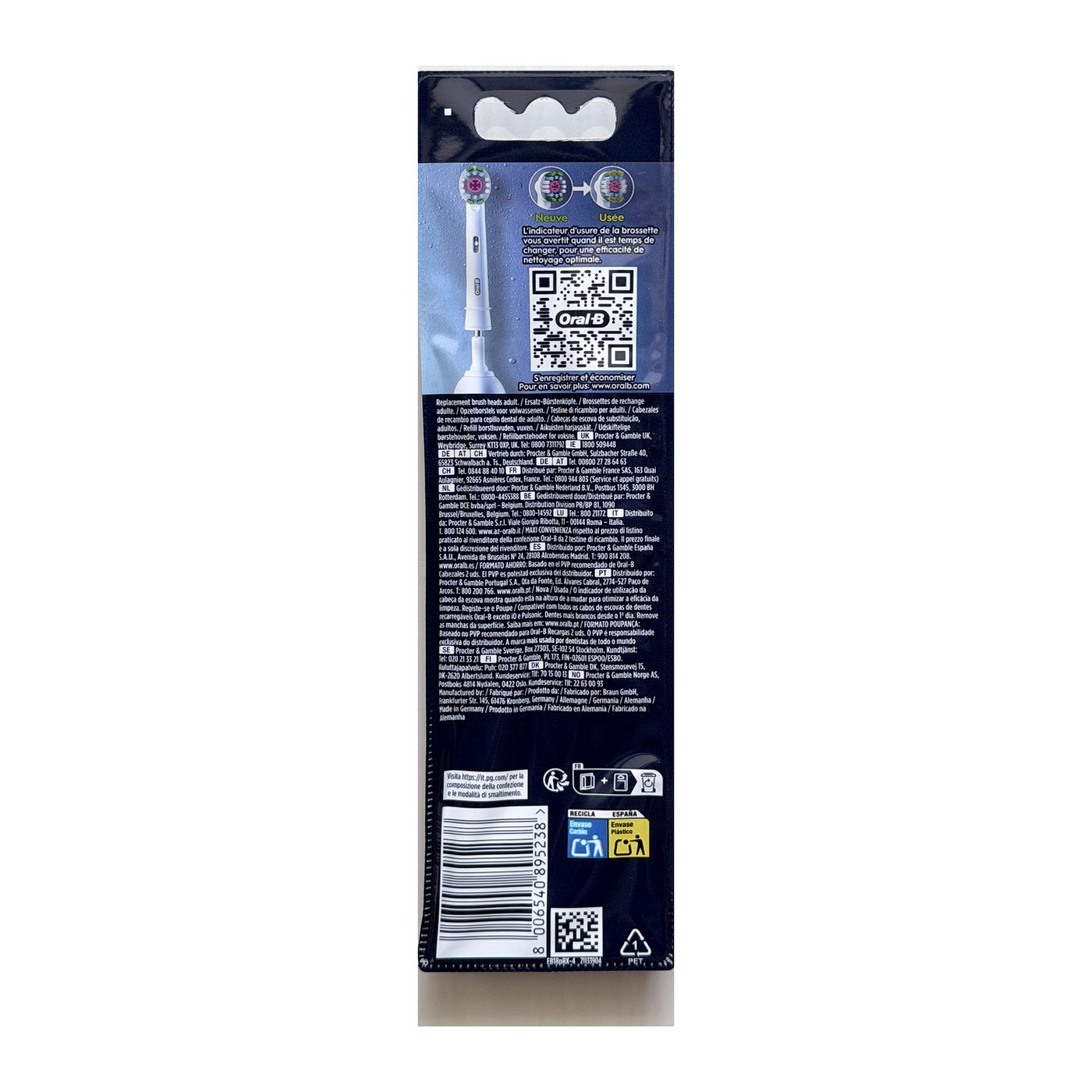Back of Oral-B PRO 3D White 4-pack showing GTIN 8006540895238