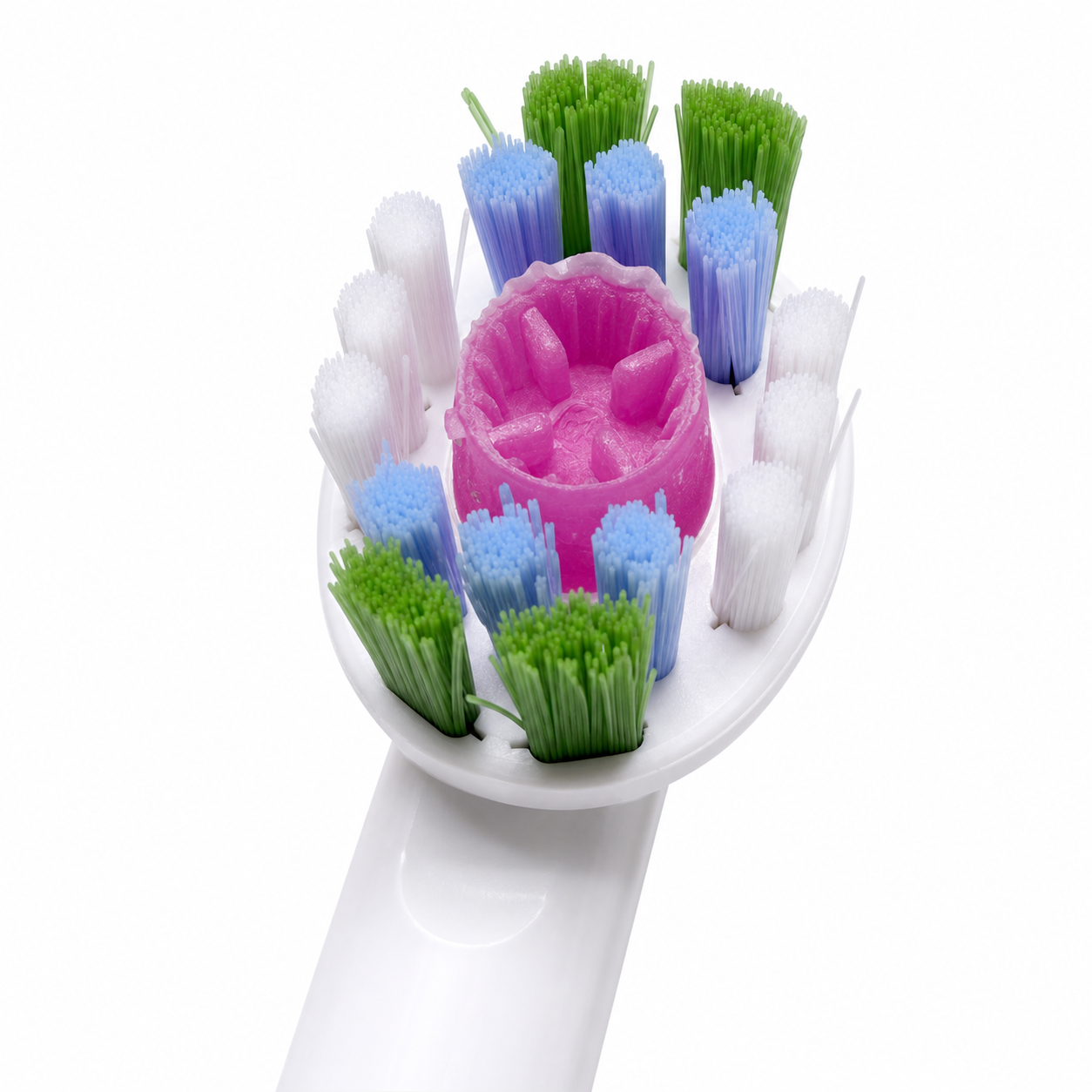 Close-up of Oral-B PRO 3D White oval head with X-shaped bristles and central polishing cup