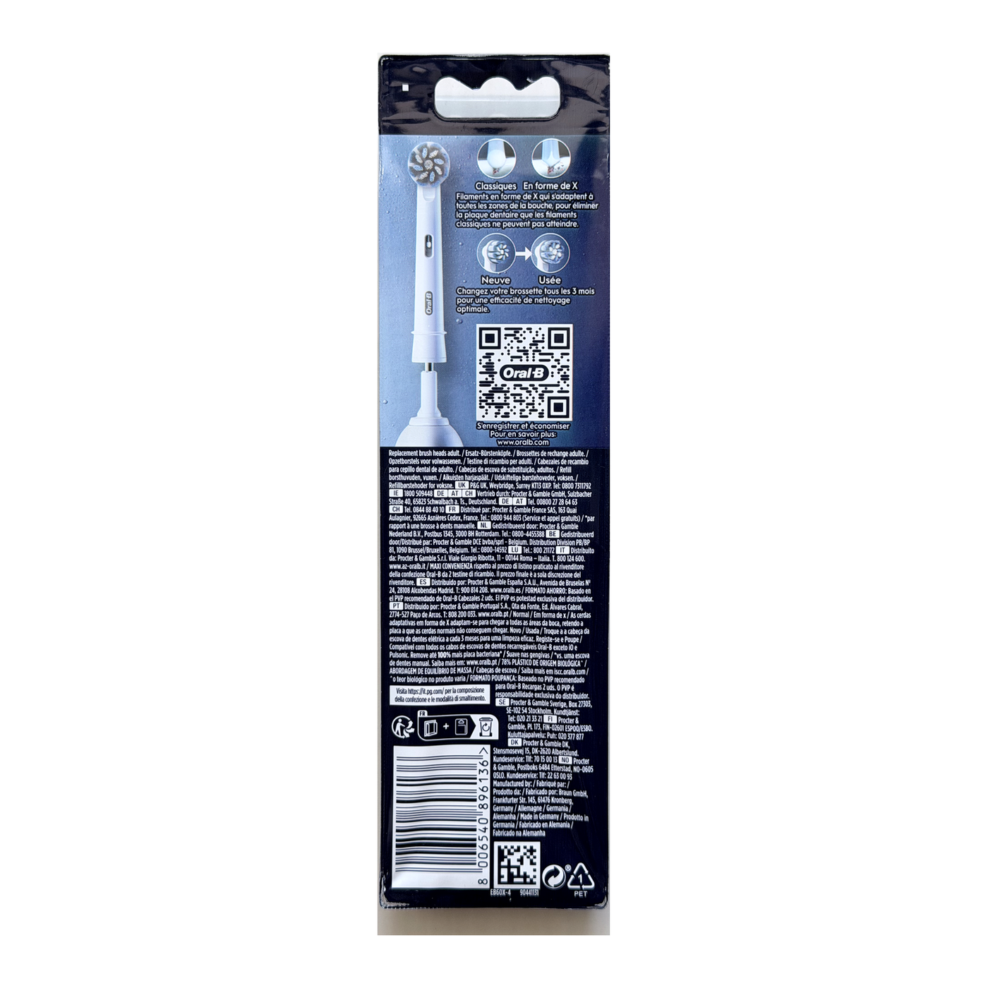 Back of Oral-B PRO Sensitive Clean White 4-pack showing barcode 8006540896136