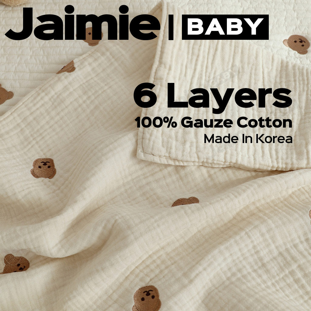 Chez BeBe 쉐베베 6-layers gauze cotton new born baby blanket with Bear or Bunny Embroidery